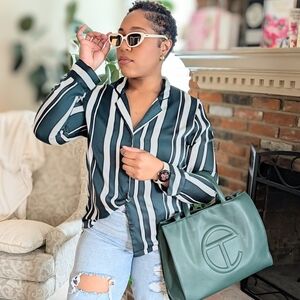 Topshop Green & White Vertical Stripe Button-Up Blouse – Size 12/L